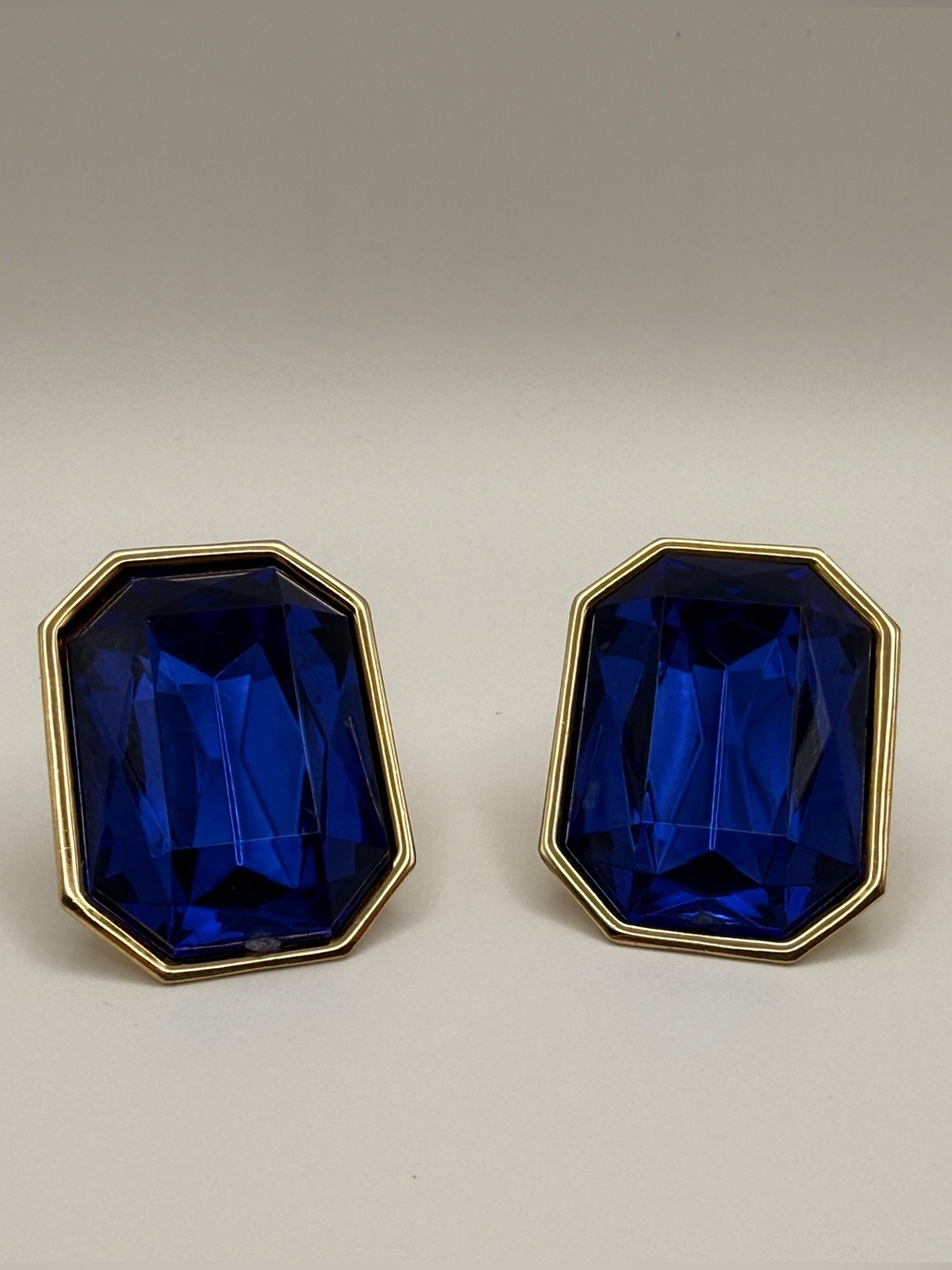 Gold Tone Frame Royal Blue Octagon Crystal Like Stud Earrings